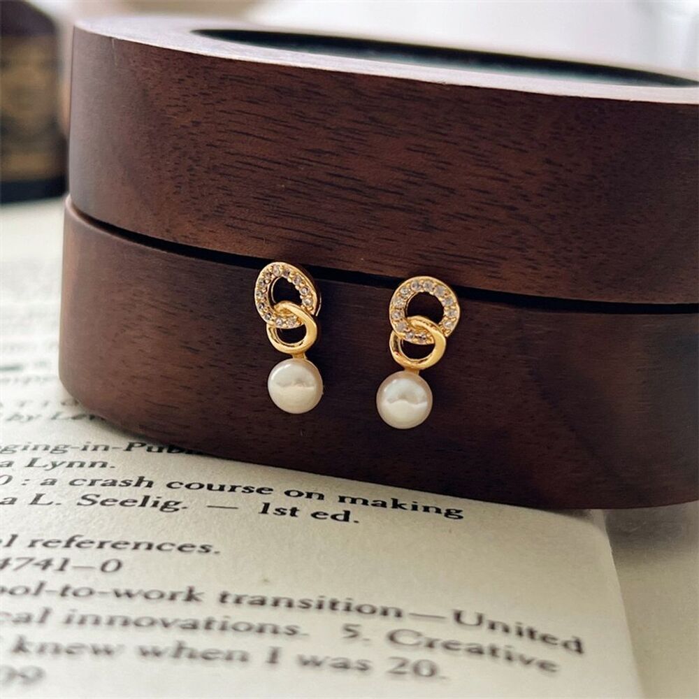Gold Tone Knotted Dangle Faux Pearl Drop Stud Earrings Rhinestones Classic Chic